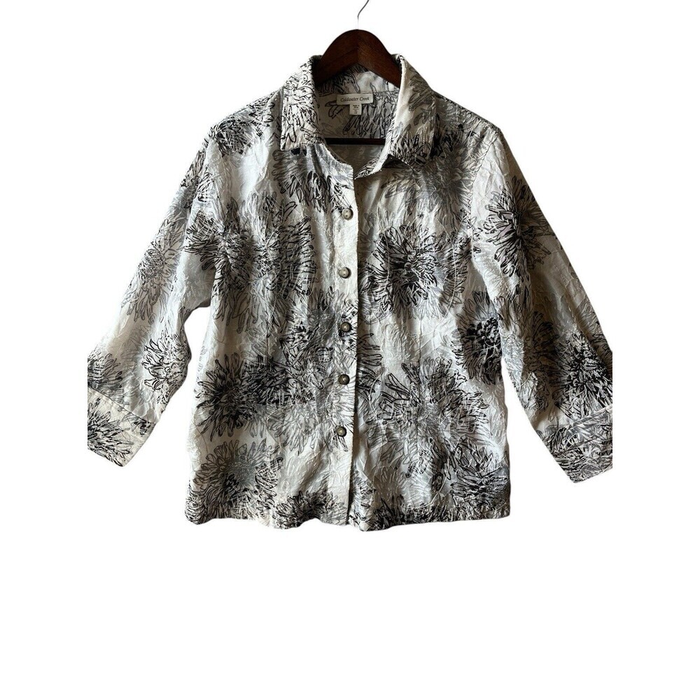Coldwater Creek Top Women's XL 18 Beige Cream‎ Button Up Collared Sheer Printed